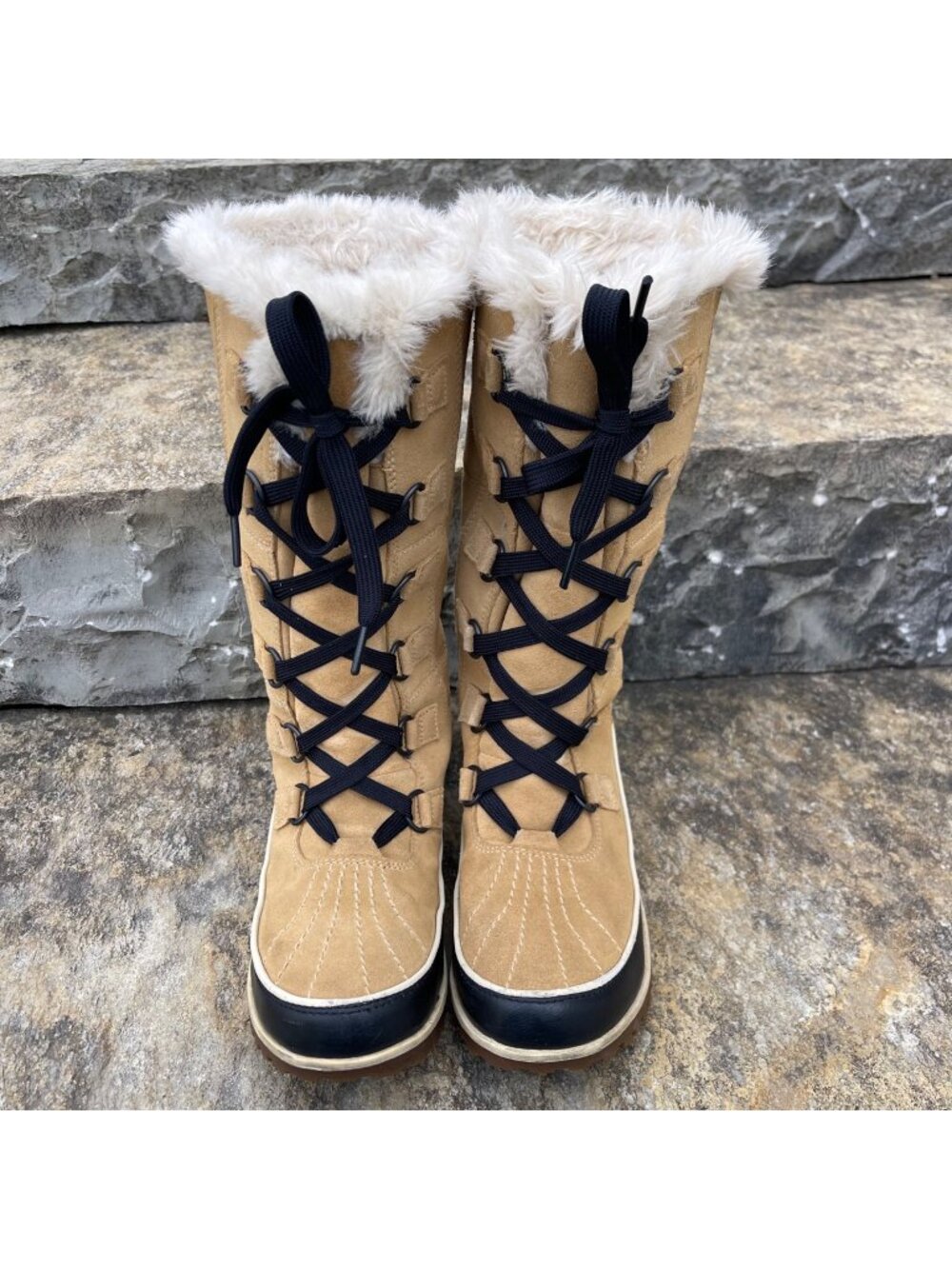 Sorel Tan and Black Lace-Up Fur-Trim Winter Boots